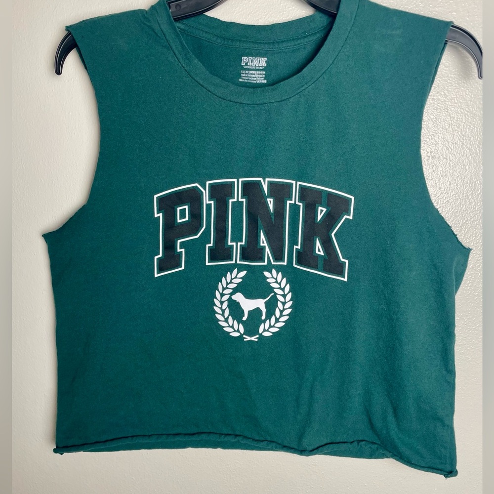 PINK Victoria's Secret Dark Green Cropped Muscle Tank Top